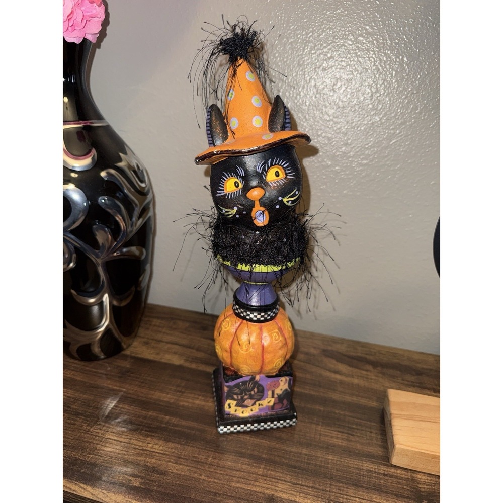 Vintage Retro Halloween Black Cat Paper Mache Figurine Seasonal Decoration - Picture 2 of 13